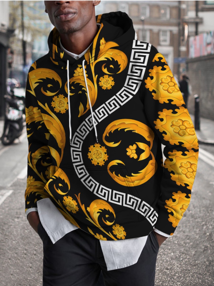 

LW Men Hooded Collar Mixed Print Hoodie, Multi