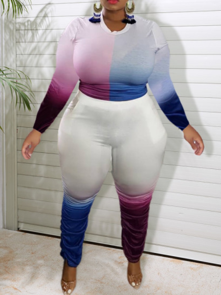 

LW Plus Size Gradient Ruched Pants Set, Blue