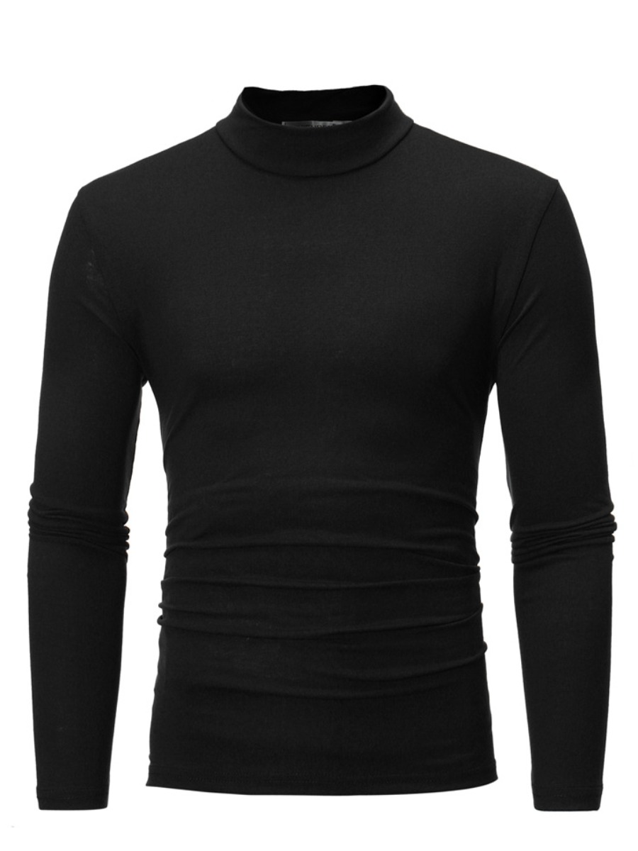 

LW COTTON Men Half A Turtleneck Skinny T-shirt, Black