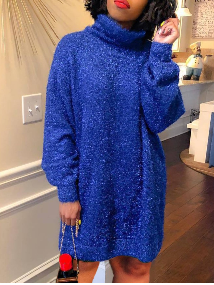 

LW Turtleneck Sequined Sweater Dress, Blue