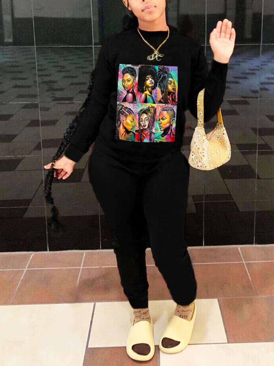 

LW Round Neck Figure Print Tracksuit Set, Black