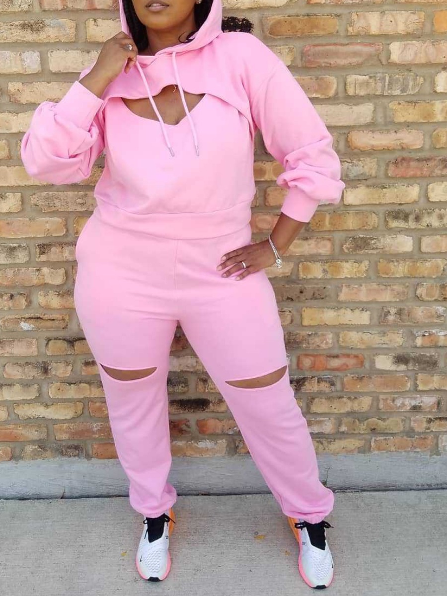 

LW Hooded Collar Cut Out Tracksuit Set, Pink