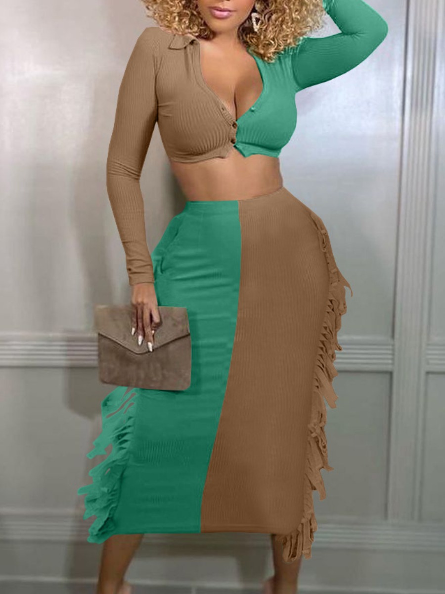 

LW SXY Crop Top Tassel Design Skirt Set, Green