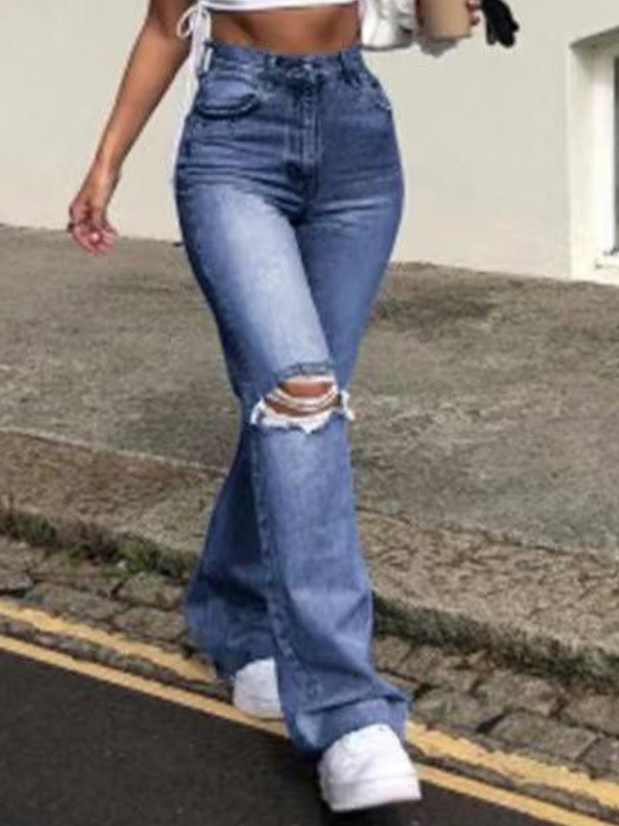 

LW Mid Waist Ripped Jeans (No Stretch), Deep blue