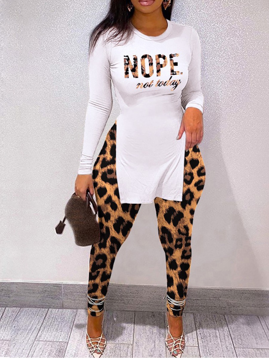 

LW Leopard Letter Print Side Slit Pants Set