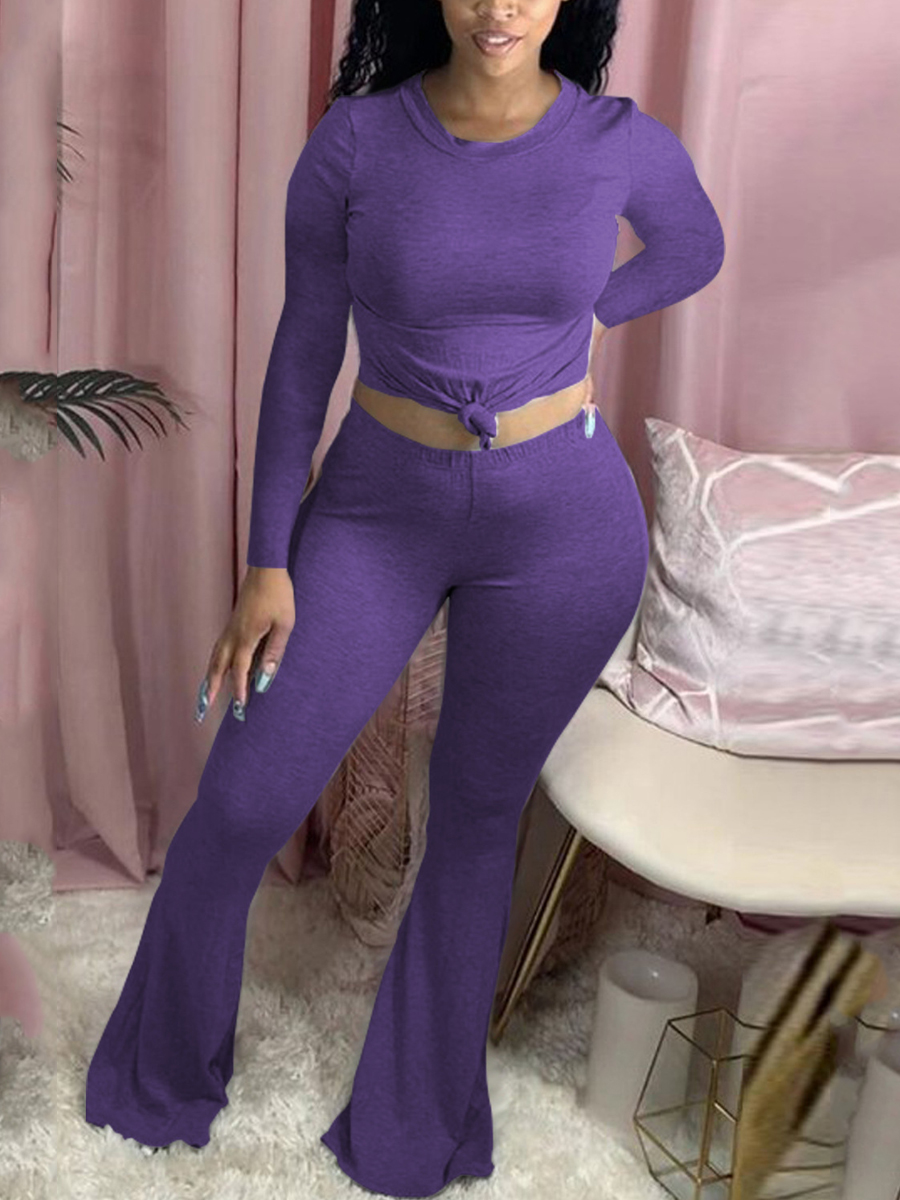 

LW BASICS Round Neck Flare Hem Solid Pants Set, Purple