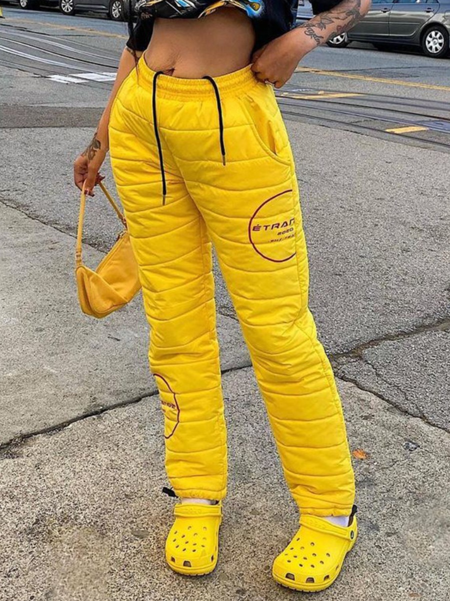 

LW Mid Waist Letter Print Drawstring Pants, Yellow