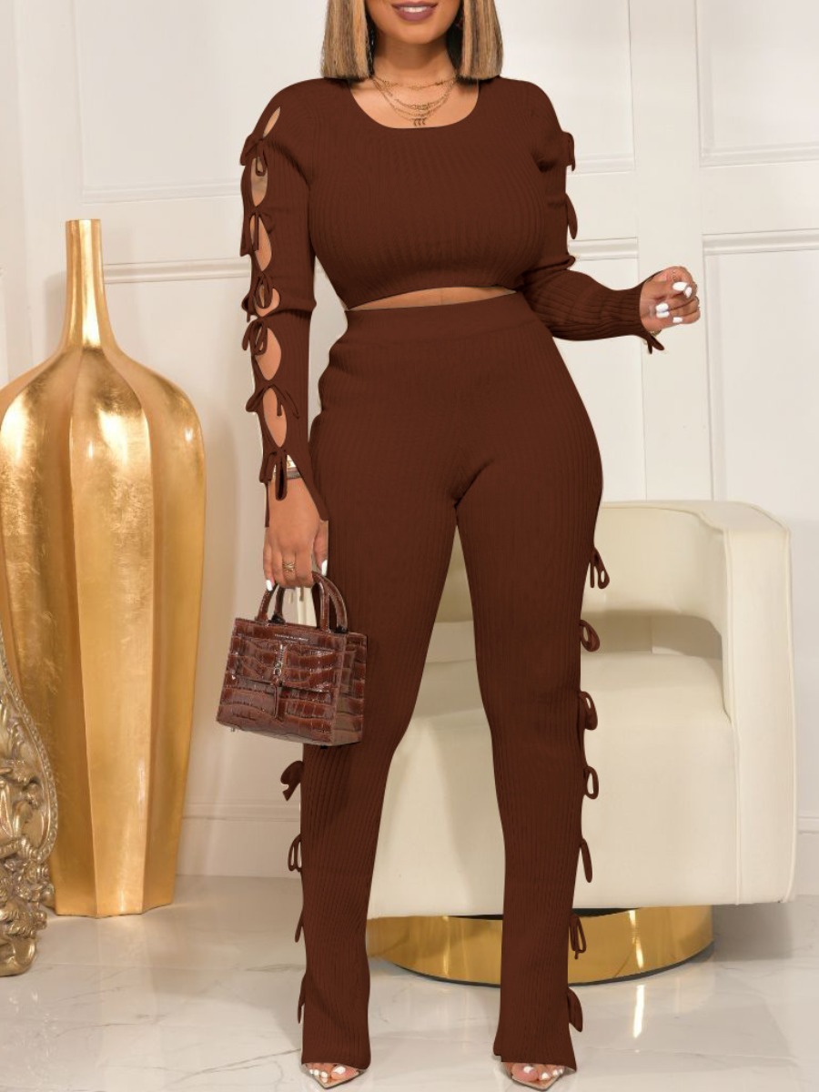 

LW Bandage Hollow-out Design Pants Set, Coffee