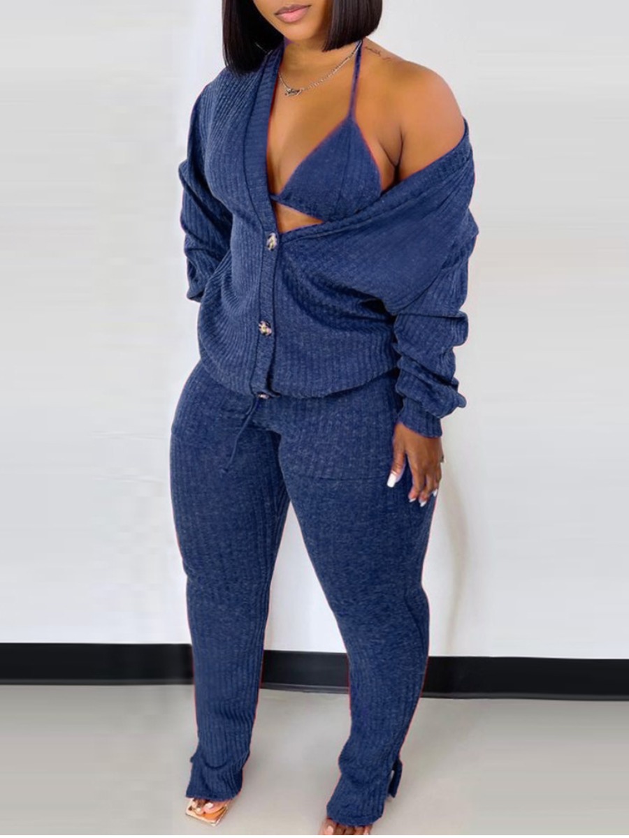 

LW Plus Size Rib-Knit Drawstring Three-piece Pants Set, Blue