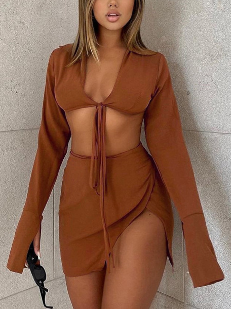 

LW SXY Flared Crop Top Slit Skirt Set, Brown