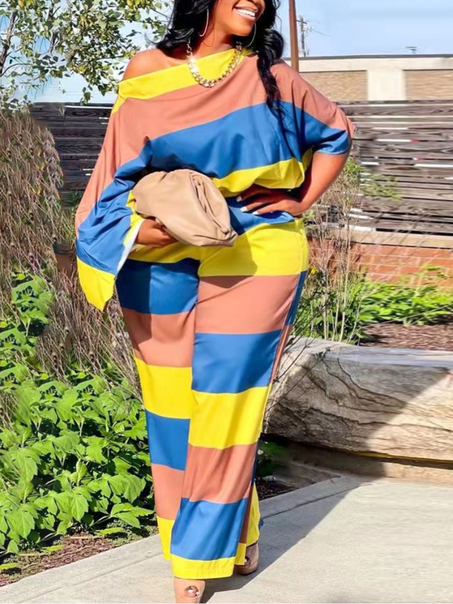 

LW Plus Size Striped Loose Pants Set, Multicolor mstn