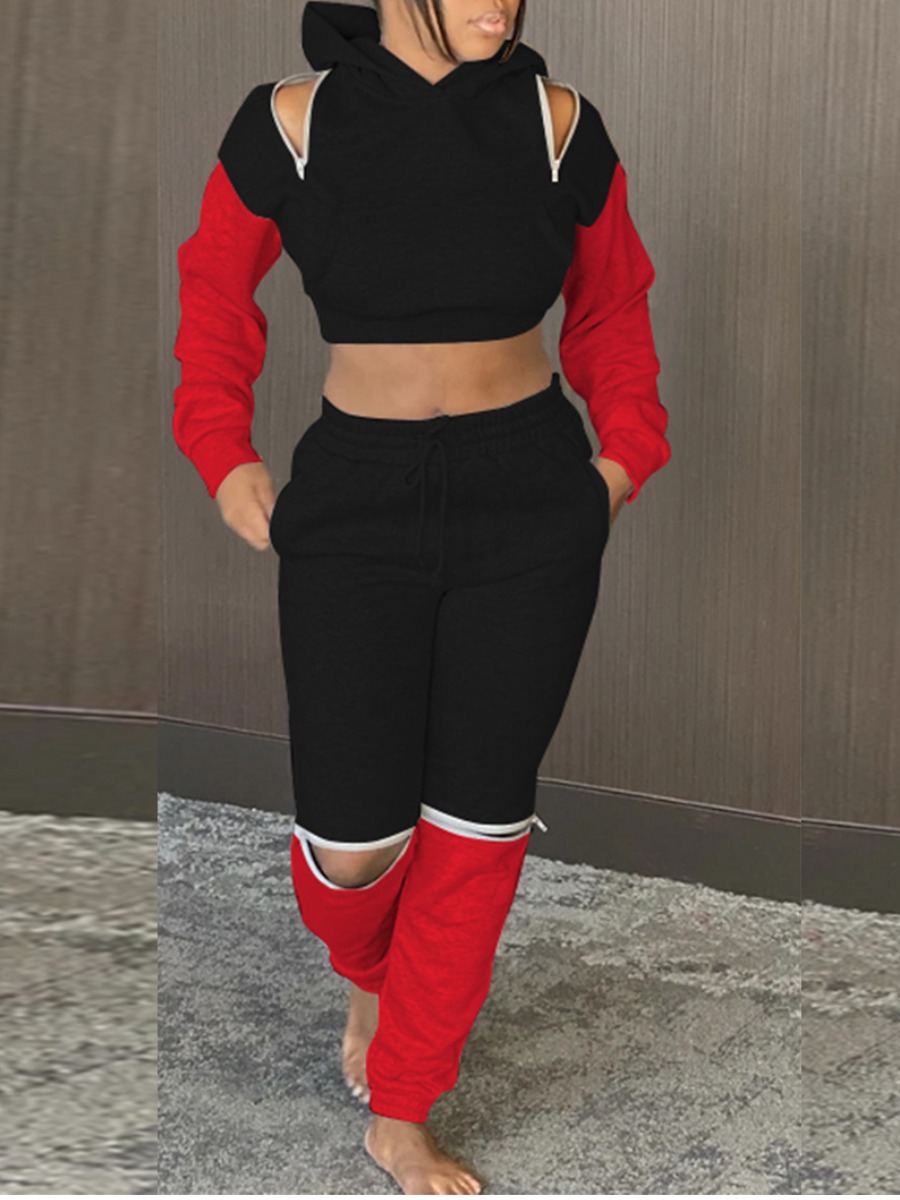 

LW Hooded Collar Crop Top Tracksuit Set, Black