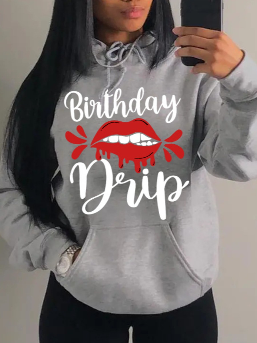 

LW Plus Size Sweat Lip Letter Print Hoodie, Grey