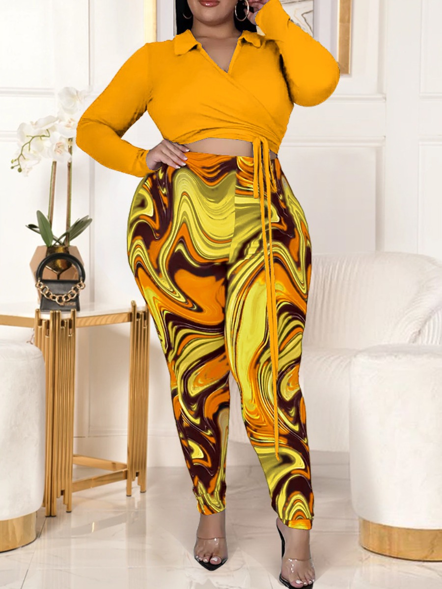 

LW Plus Size Mixed Print Bandage Design Pants Set, Orange