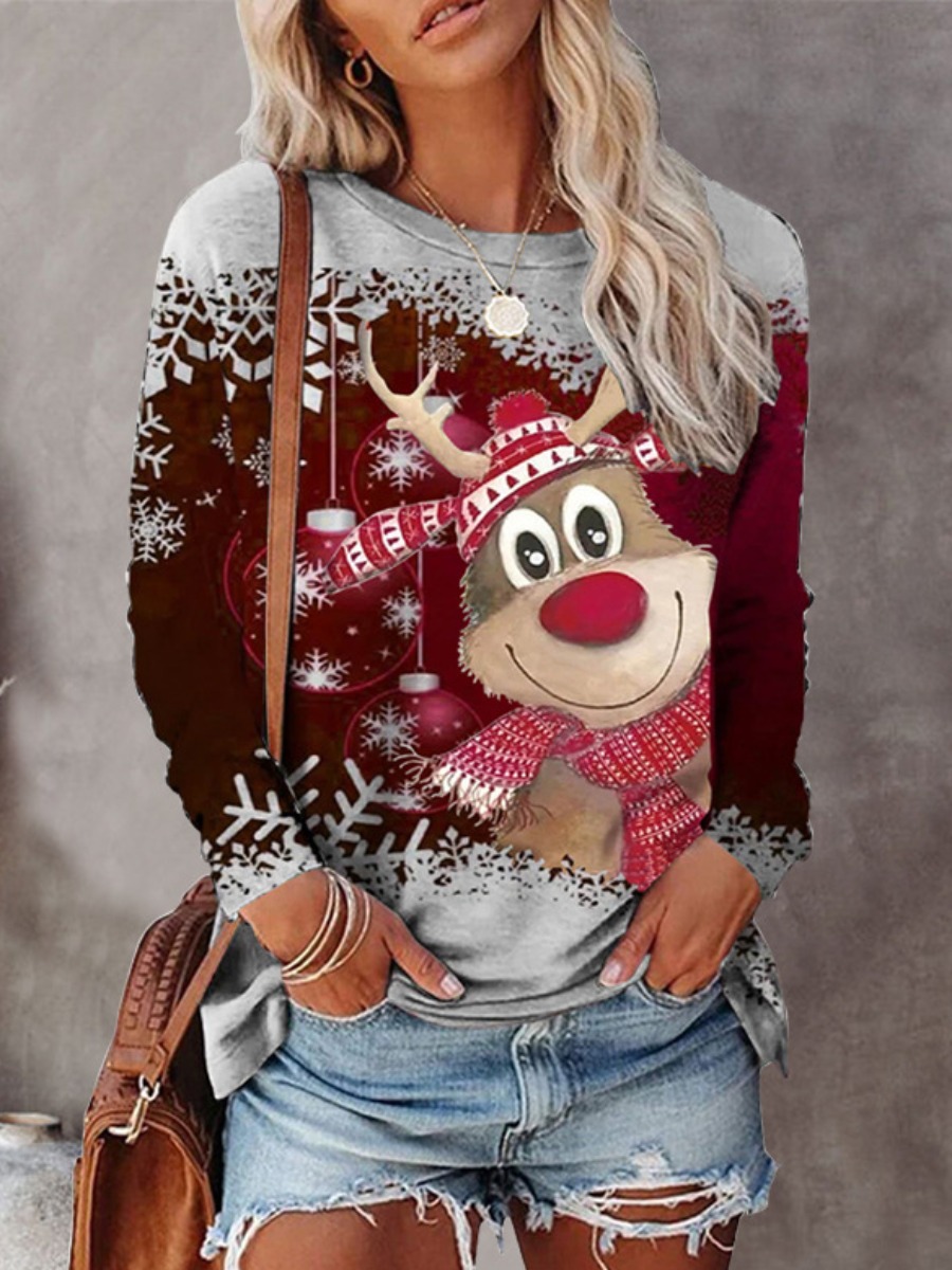 

LW Round Neck Gradient Print Christmas T-shirt, Wine red