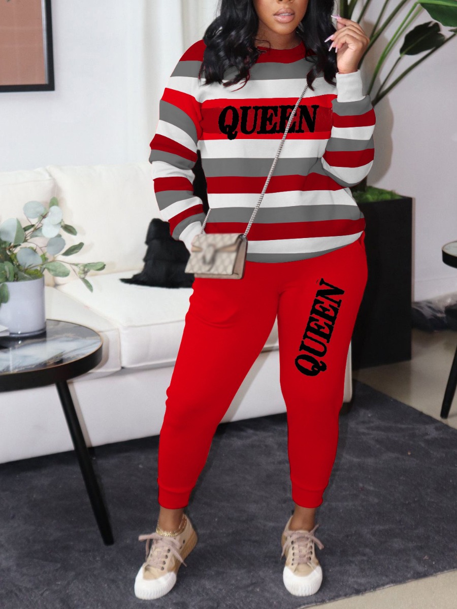 

LW Letter Print Striped Pants Set, Red