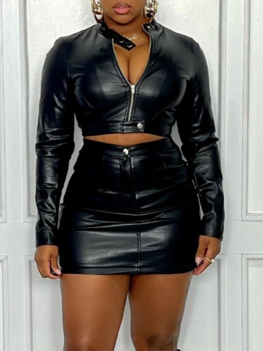 

LW Leather Zipper Design Skirt Set, Black