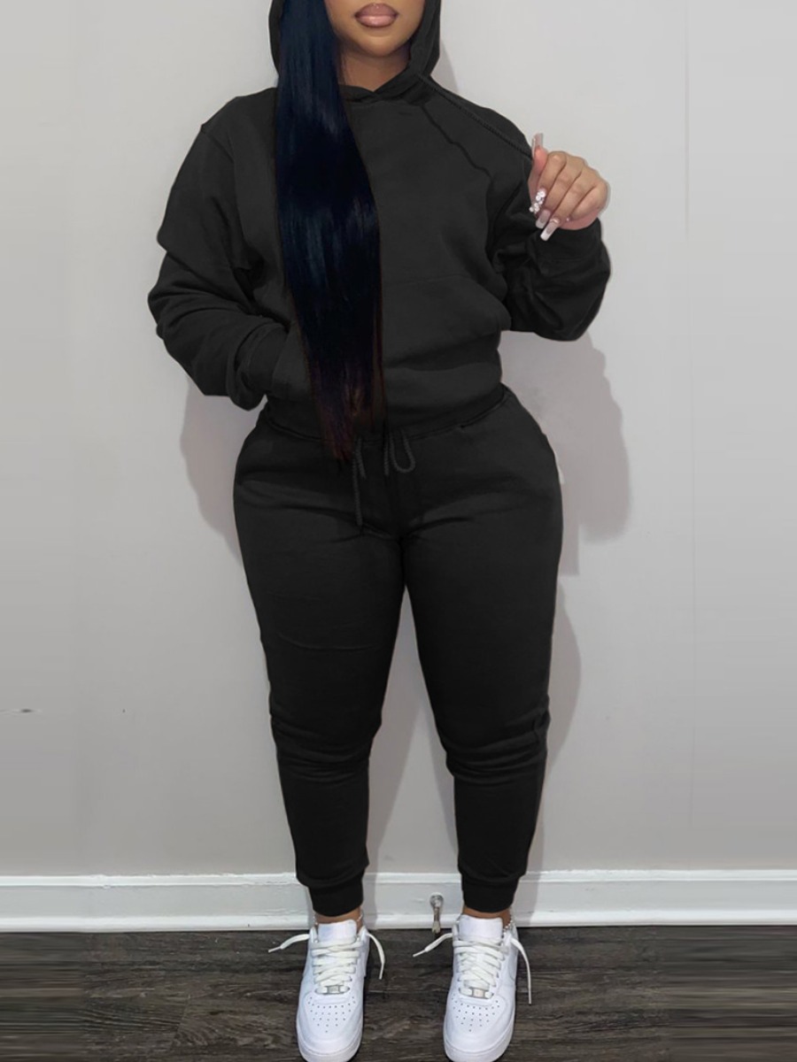 

LW BASICS Plus Size Drawstring Kangaroo Pocket Tracksuit Set, Black