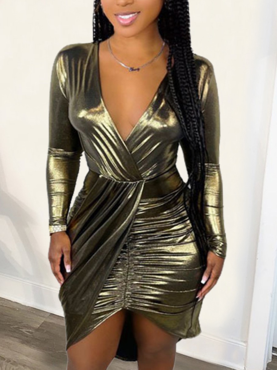 

LW SXY Surplice Neck Ruched Bodycon Asymmetry Dress, Gold