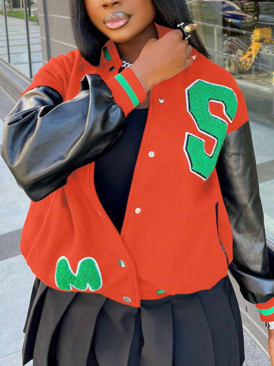 

LW Plus Size Baseball Collar Letter Print Jacket, Jacinth