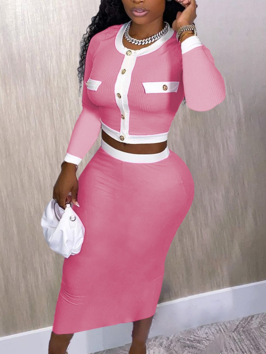 

LW Pocket Button Design Skirt Set, Pink