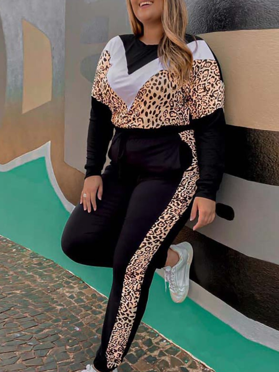

LW Round Neck Leopard Print Patchwork Tracksuit Set, Black