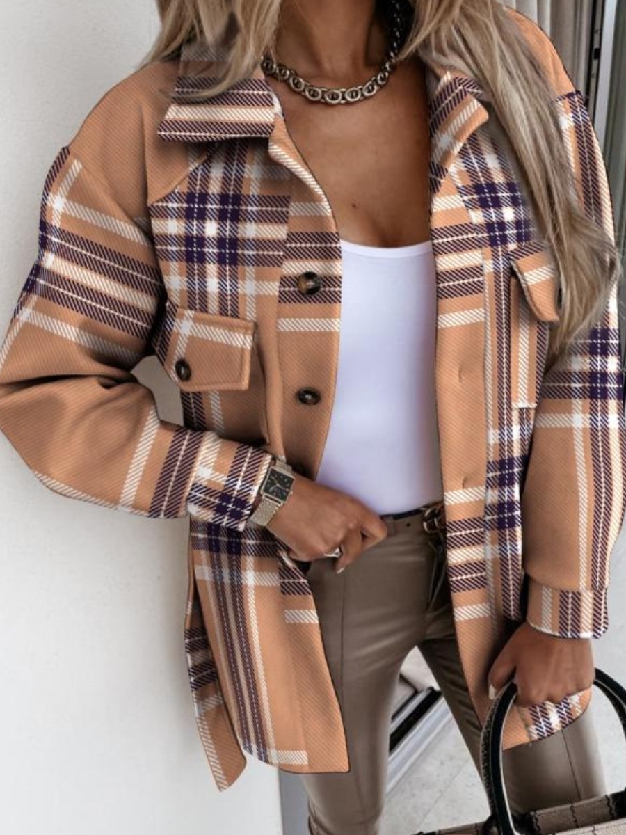 

LW Plaid Print Loose Coat, Khaki