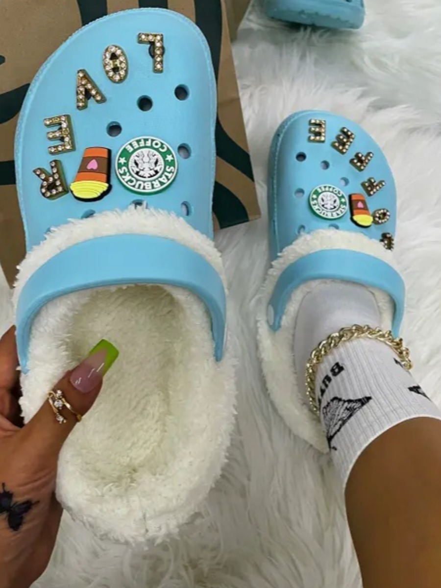 

LW Plush Sequined Letter Slippers, Blue