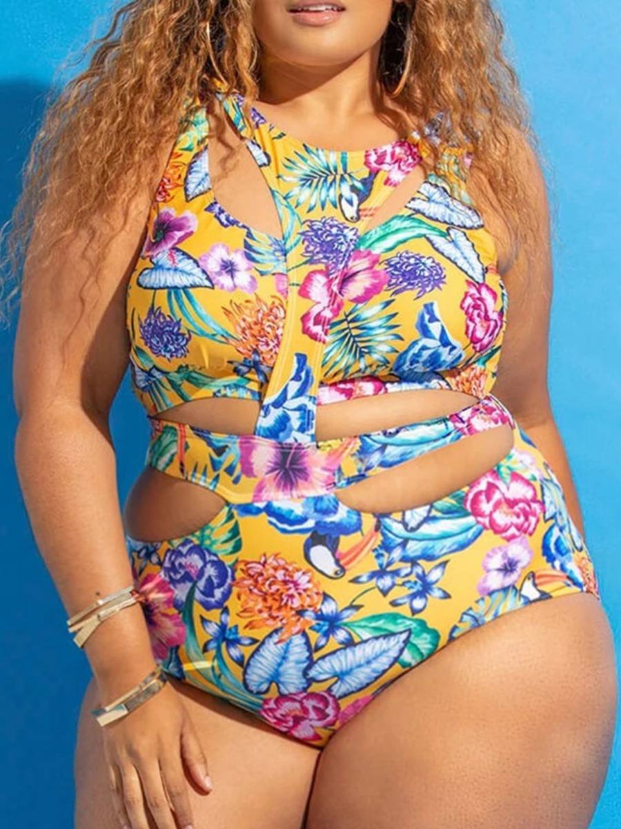 

LW Plus Size Floral Print Cut Out One-piece Swimsuit, Yellow