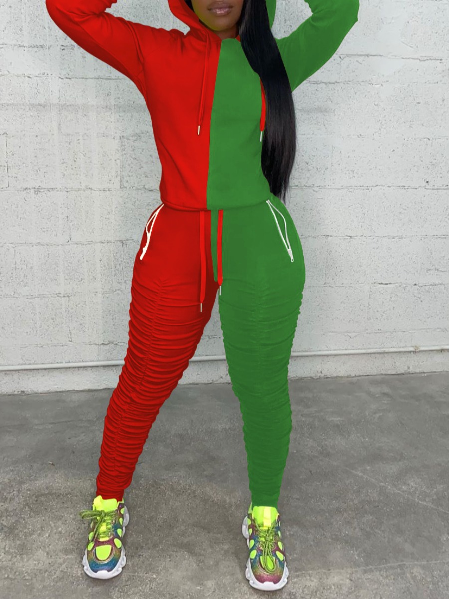 LW Color Block Ruched Tracksuit Set, Dark green