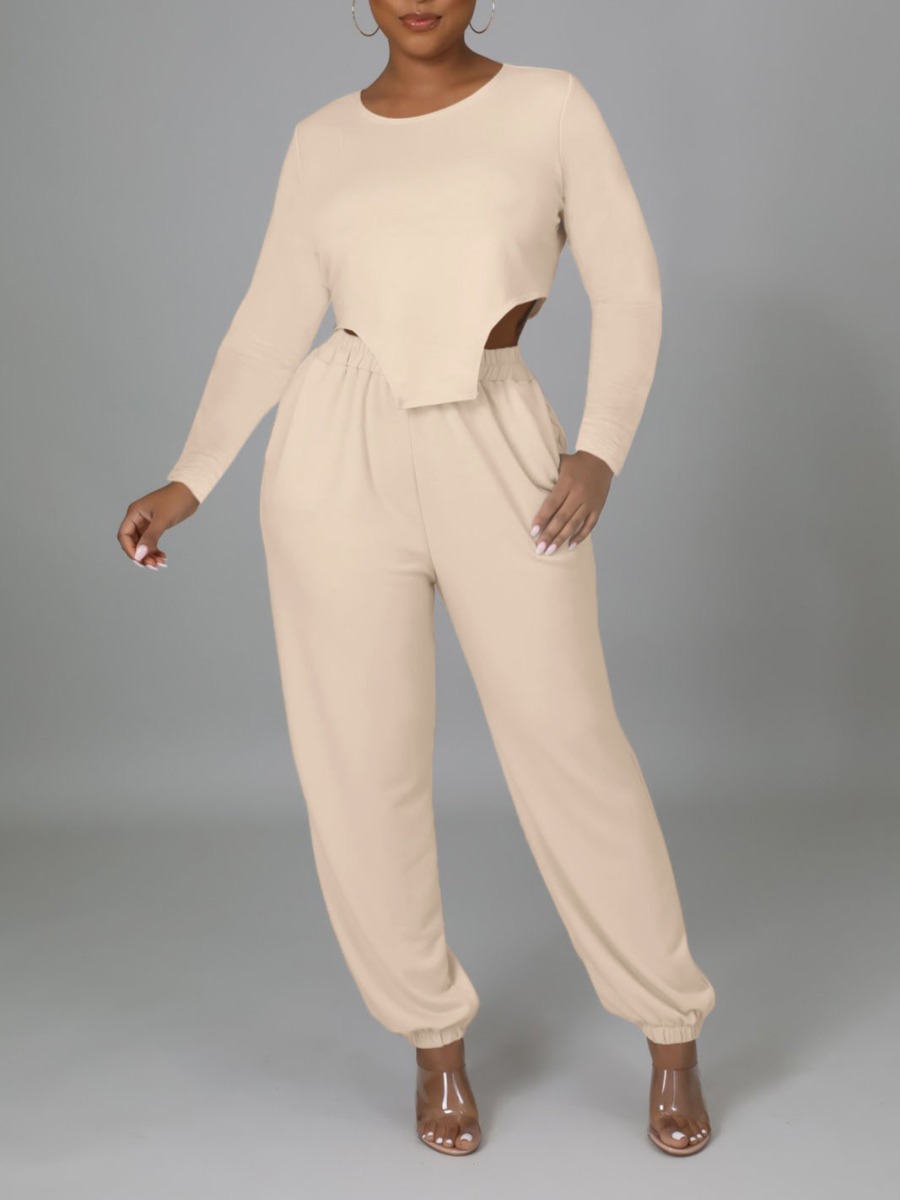 

LW Round Neck Asymmetrical Pants Set, Apricot