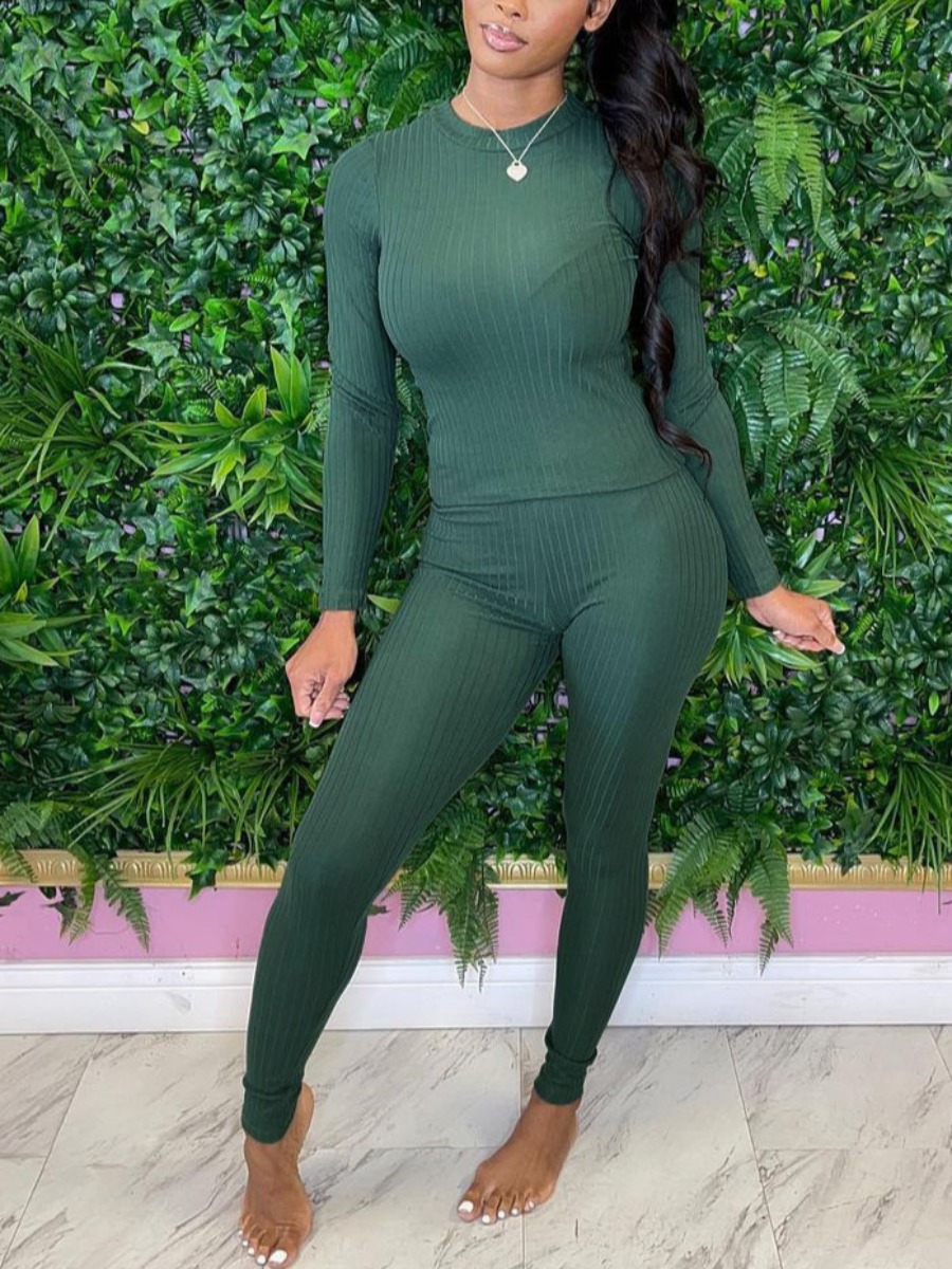

LW BASICS Round Neck Rib-Knit Pants Set, Green