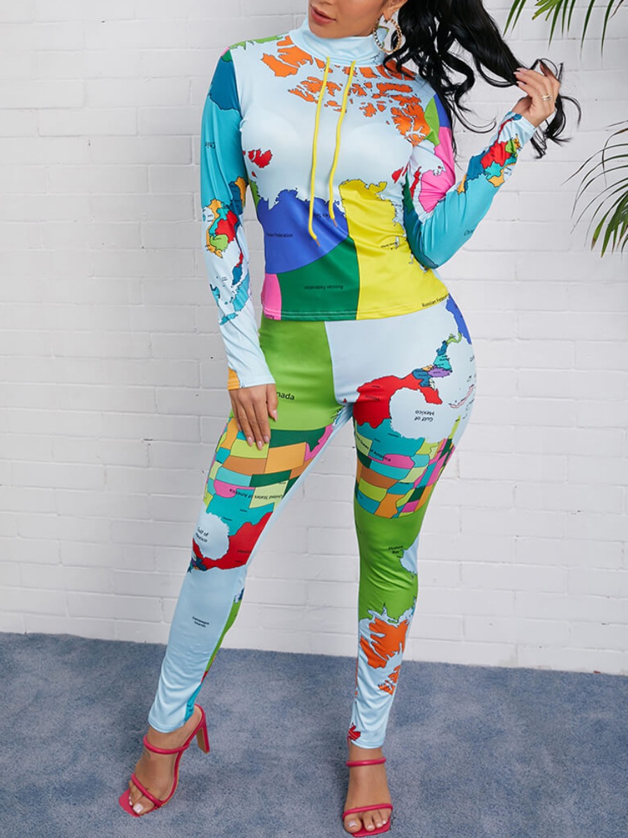 

LW Map Letter Print Pants Set (Without Pocket）, Blue