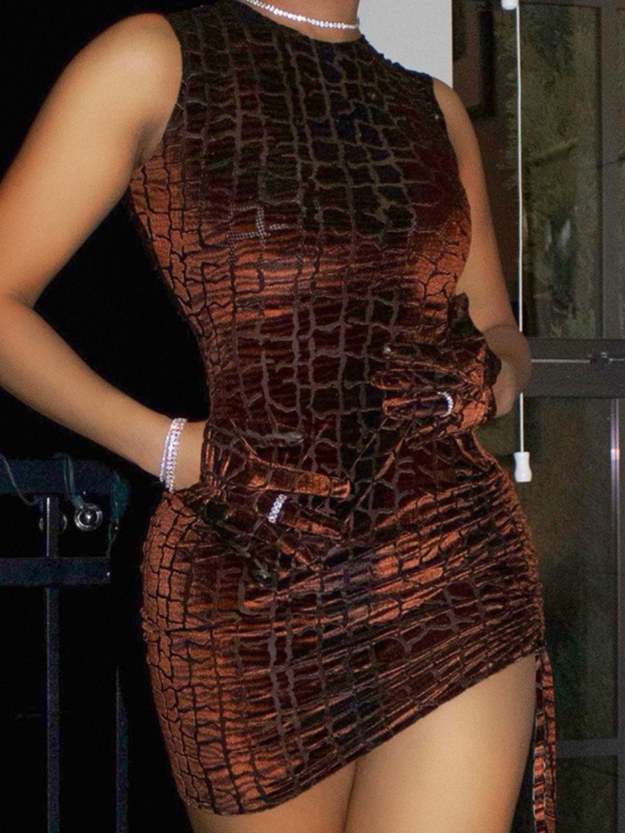 

LW Snakeskin Print Drawstring Bodycon Dress, Brown