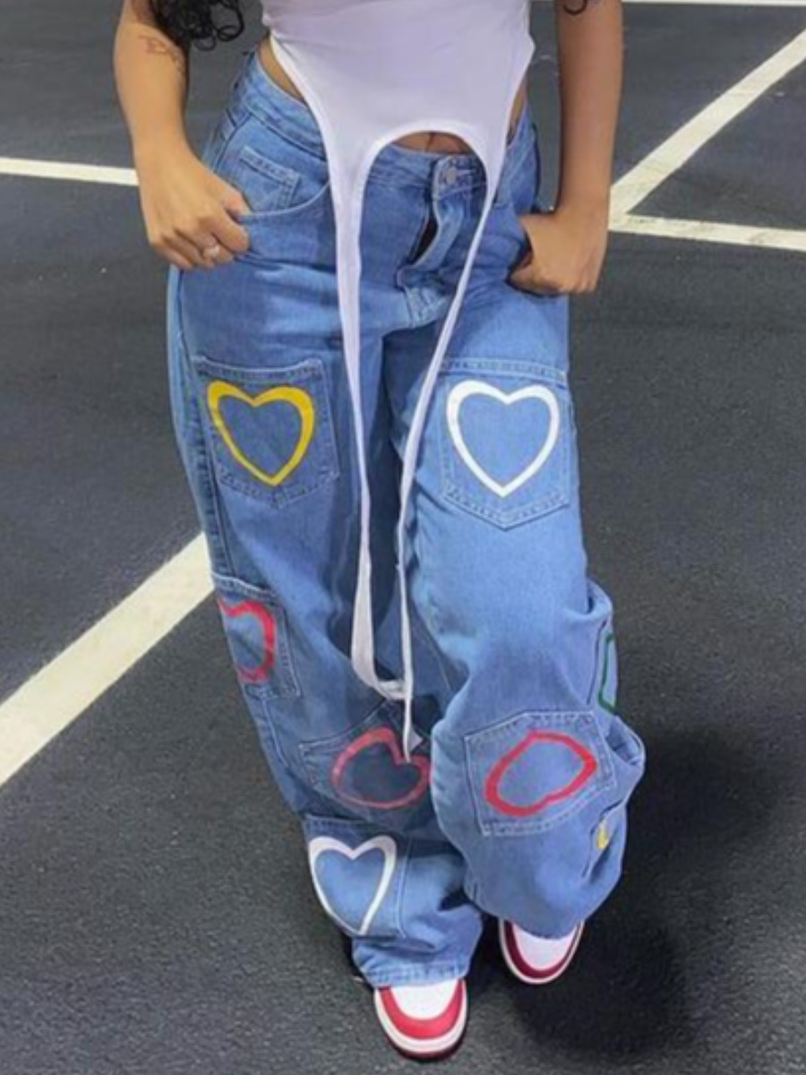 

LW Low Waist Heart Print Straight Jeans (No Stretch), Blue