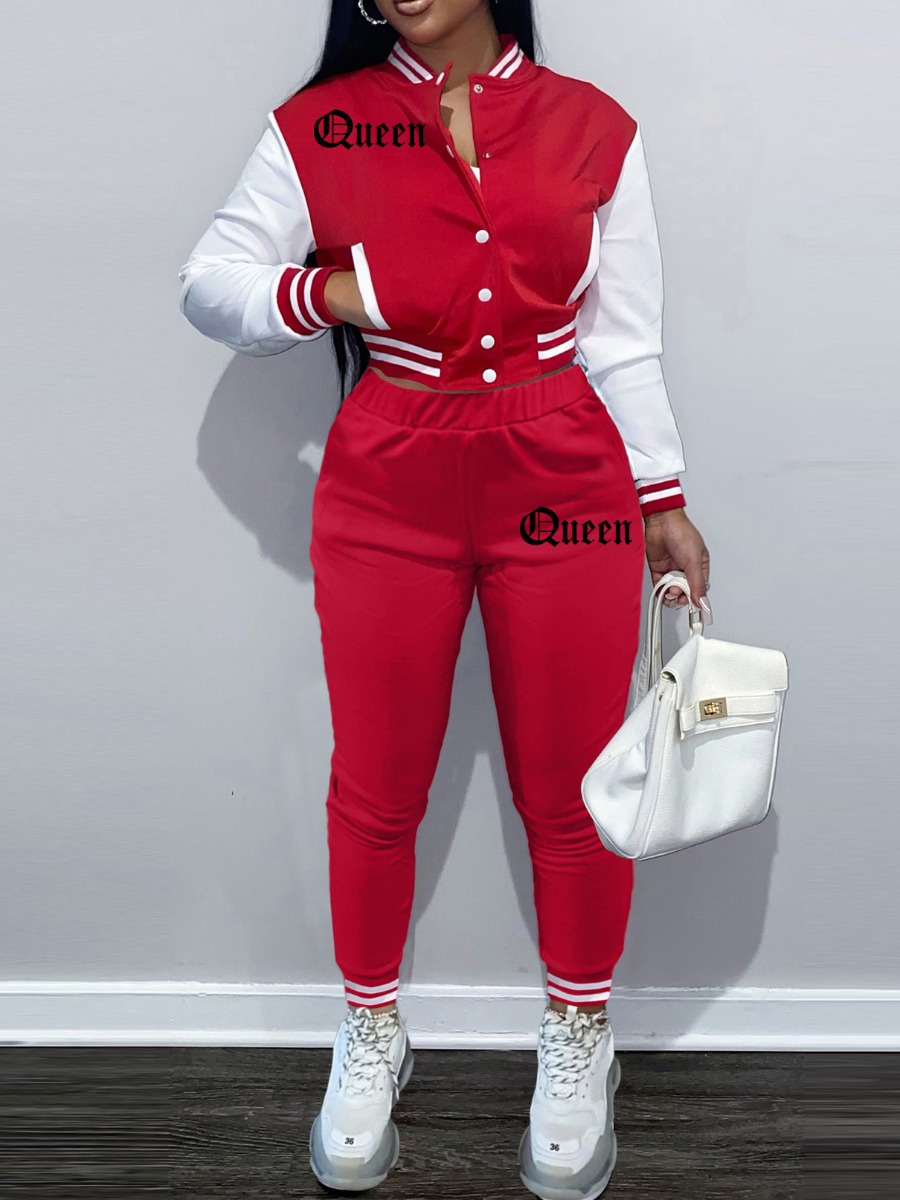 

LW Letter Print Striped Tracksuit Set, Red