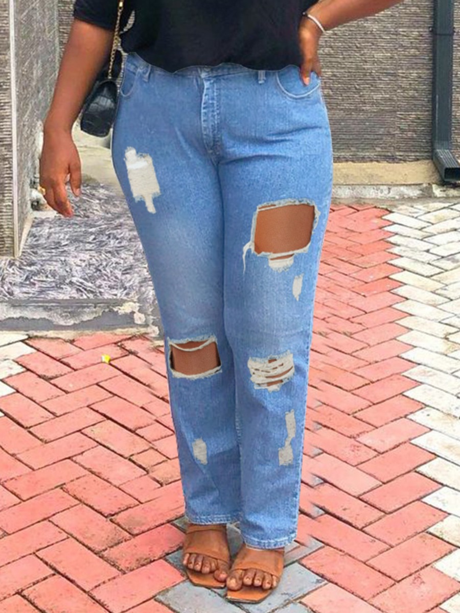 

LW Mid Waist Ripped Jeans, Blue