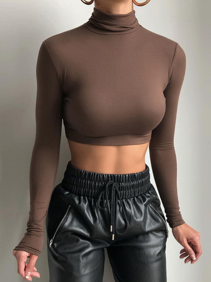 LW SXY Turtleneck Basic Solid Skinny Crop Top T-sh