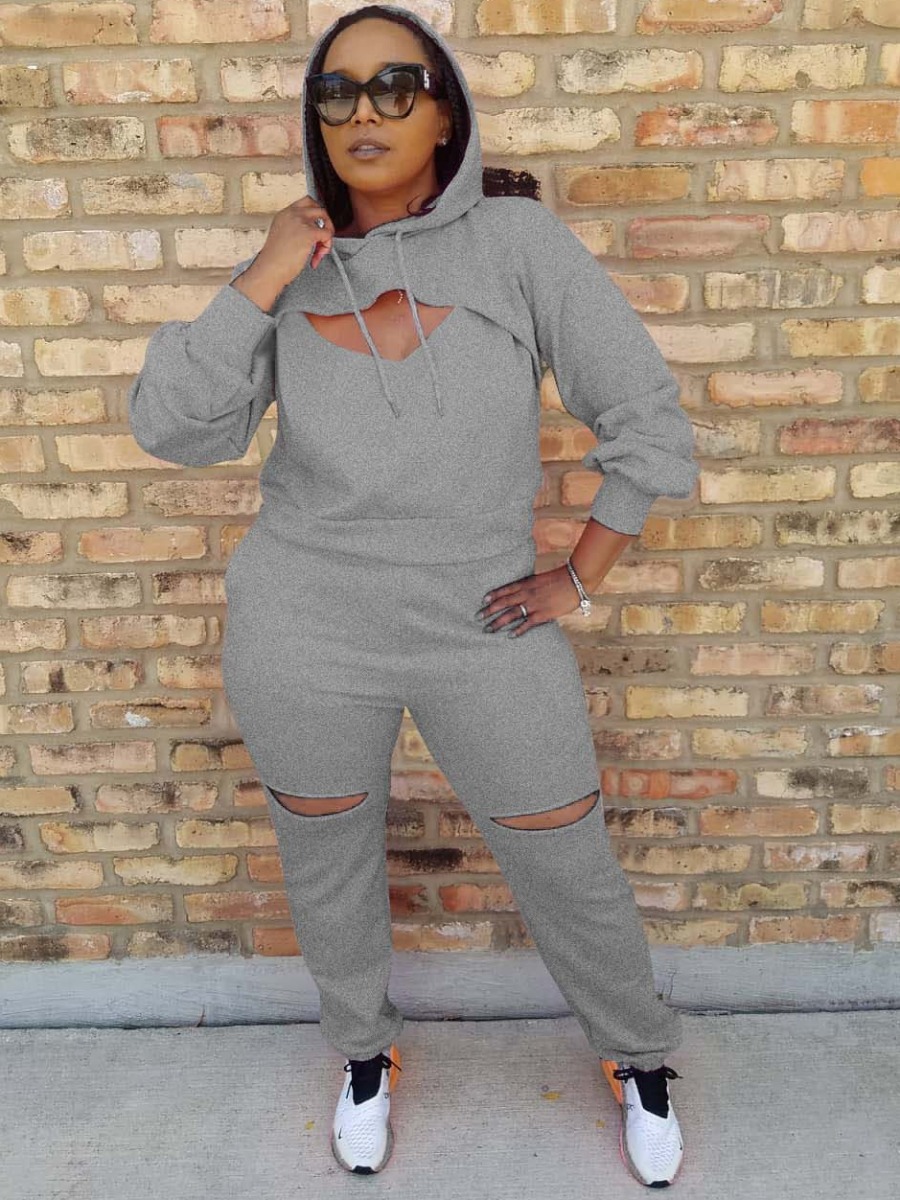 

LW Cut Out Drawstring Solid Tracksuit Set, Grey