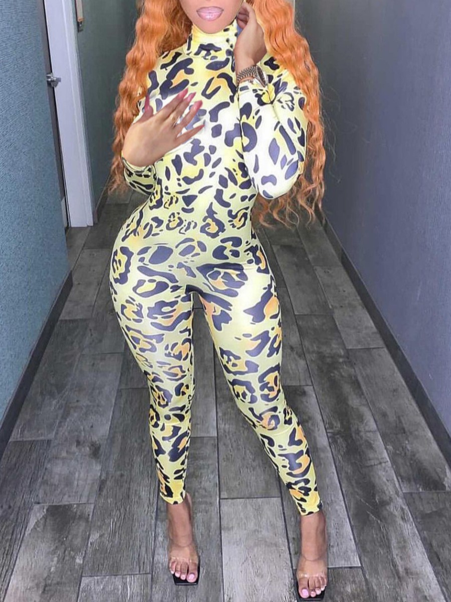

LW SXY Turtleneck Leopard Print Skinny Jumpsuit, Light yellow