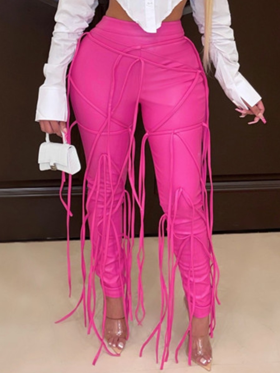 

LW Tassel Design Leather Pants, Rose red