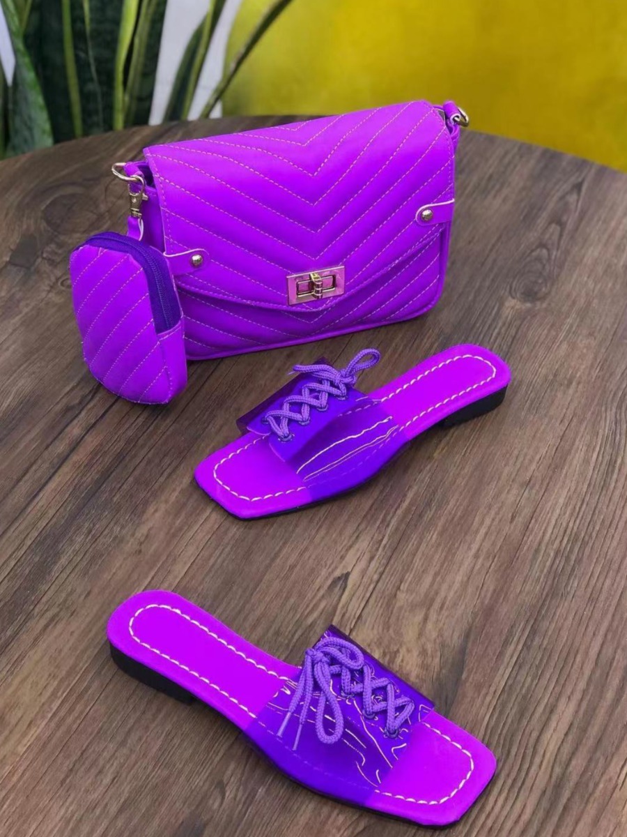

LW Square Lace-up Solid Slides, Purple