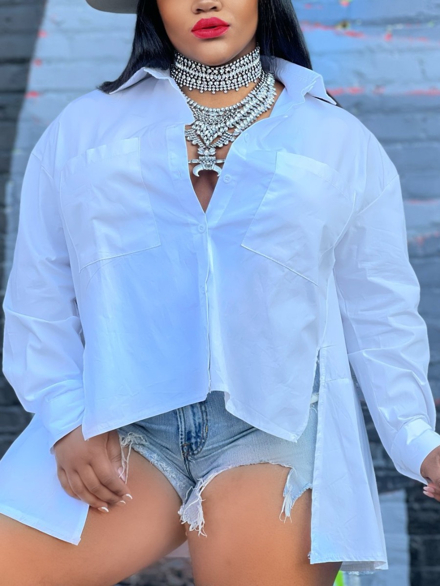 

LW Plus Size Pocket Design Slit Shirt, White