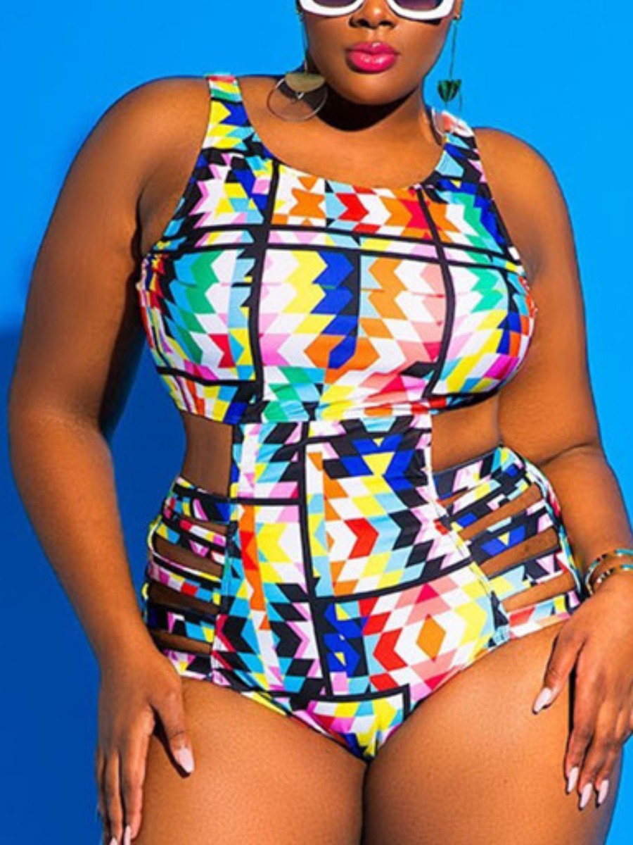 

LW Plus Size Geometric Cut Out Print Skinny One-piece Swimsuit, Blue