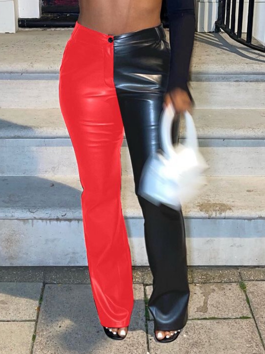 

LW Leather Mid Waist Patchwork Pants, Black