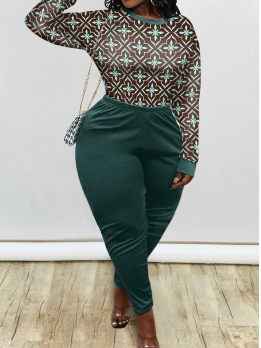 

LW Plus Size Round Neck Geometric Print Pants Set, Cyan