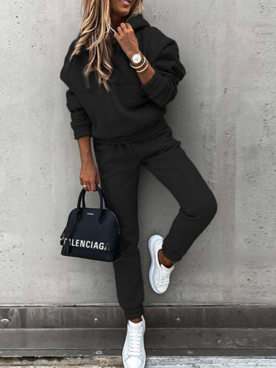

LW BASICS Hooded Collar Oversized Tracksuit Set, Black