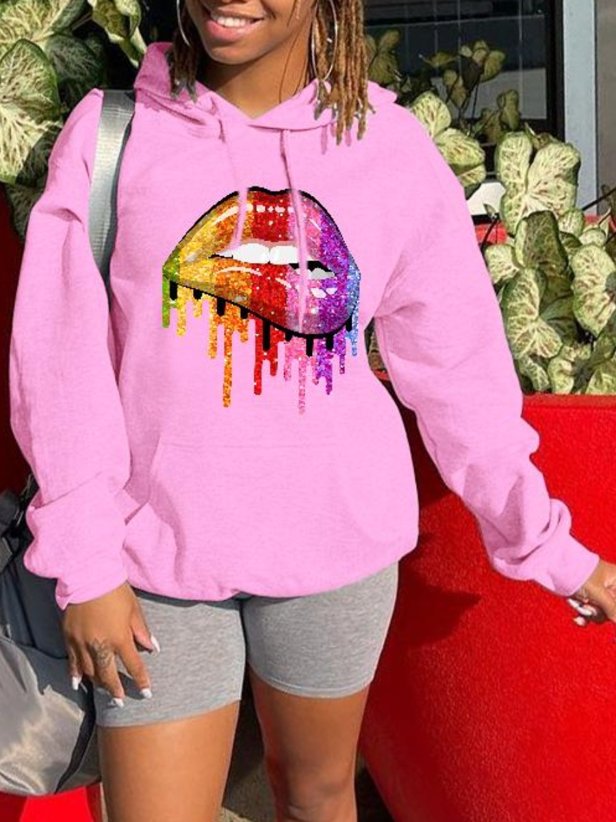

LW Lip Print Kangaroo Pocket Oversized Hoodie, Pink