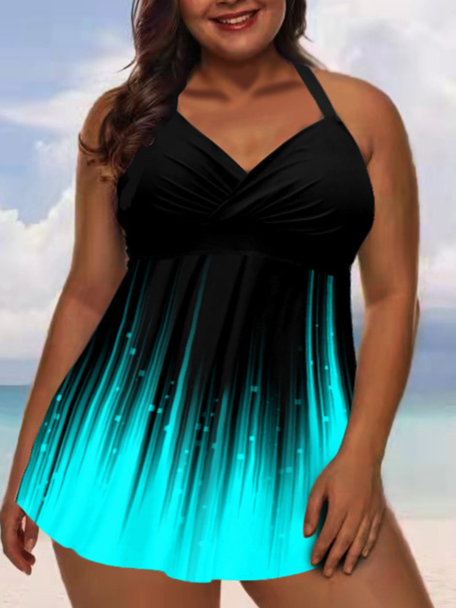 LW Plus Size V Neck Gradient Print Tankini