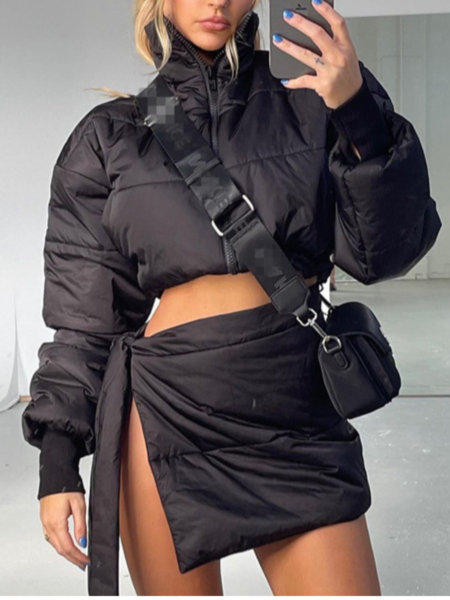 LW COTTON Puffer Jacket Bandage Design Skirt Set